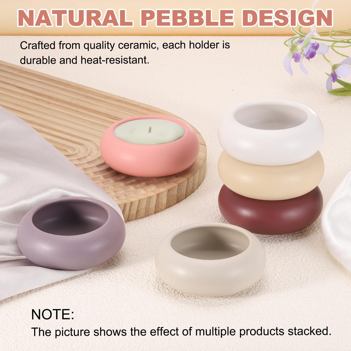 MECCANIXITY Pebble Tealight Candle Holders 2 Pcs Ceramic Candle Holders for Garden Desk Table Home Decor, Beige