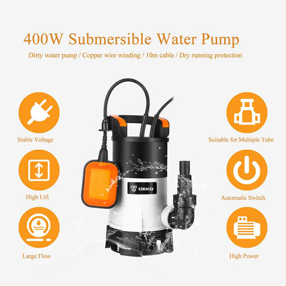 Water Pump: DEKO Submersible Water Pump 400W 8000L/H, Portable Water Sump Pump to Empty Pool, Water Drainage Pump for Clean and Dirty Water for Garden Pond, Pools, and Ditches + Float Switch