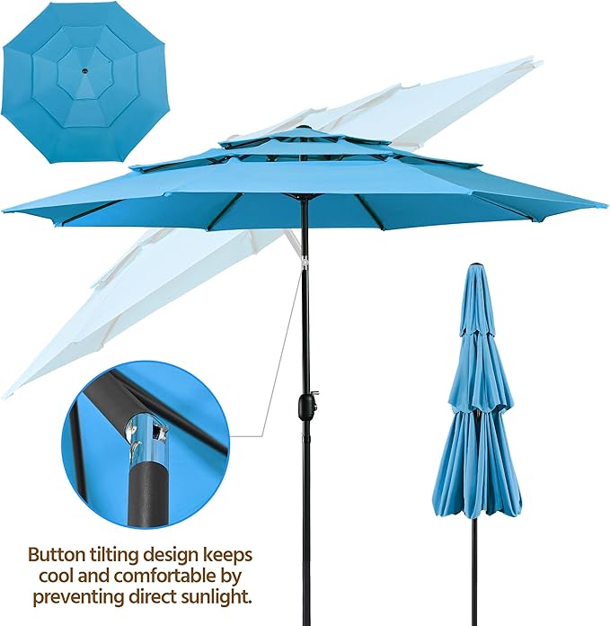 Yaheetech 3-Tier Patio Parasol 10ft Vented Outdoor Canopy Sun Shade Large Market Table Umbrella Double-layer Cloth & Push-button Tilting for Yard/Garden/Park Sky Blue