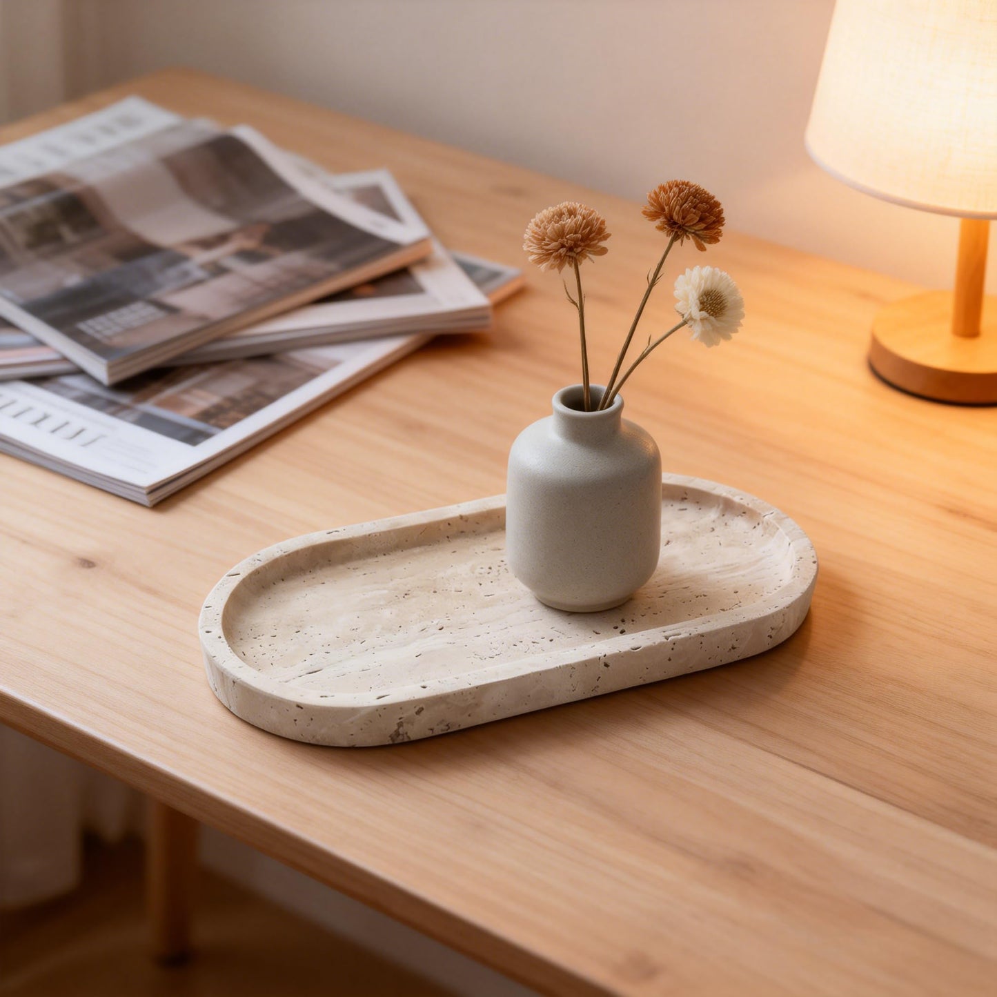 GEOONA Oval Travertine Tray 4.8 in x 9.8 in for Bathroom Dresser Countertop Organizer, Natural Marble Vanity Tray for Perfume, Candles, Ring, Decorative Jewelry Dish