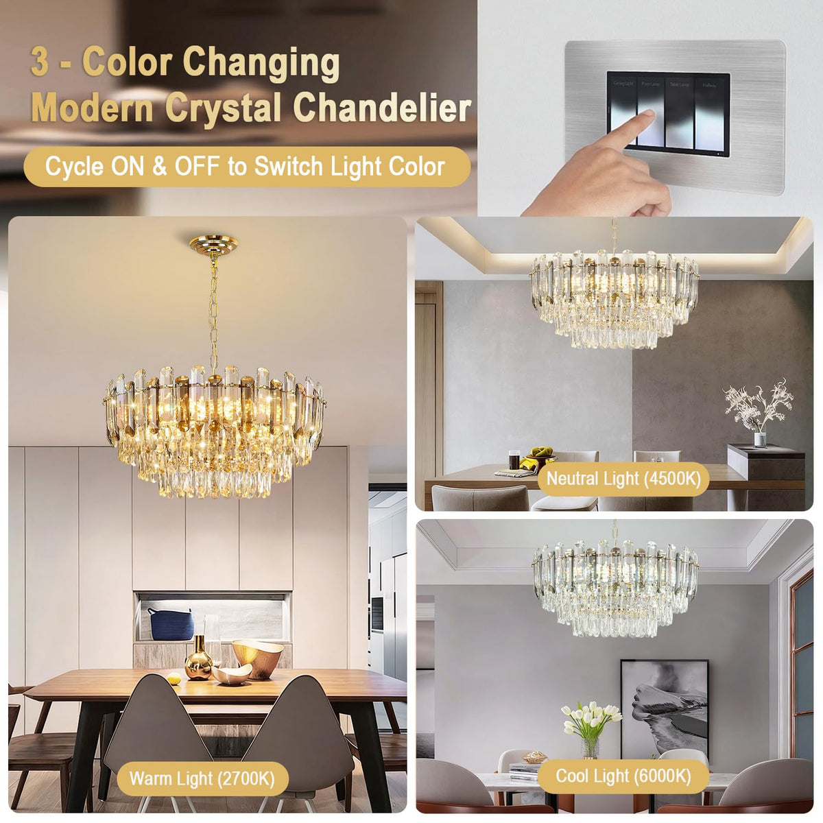 Vodcrindax Gold Crystal Chandelier 24" 12-Light 4-Tier K9 Crystal Round Adjustable Pendant Light Modern Crystal Chandeliers for Dining Room Living Room Kitchen Island Bedroom Foyer Entryway