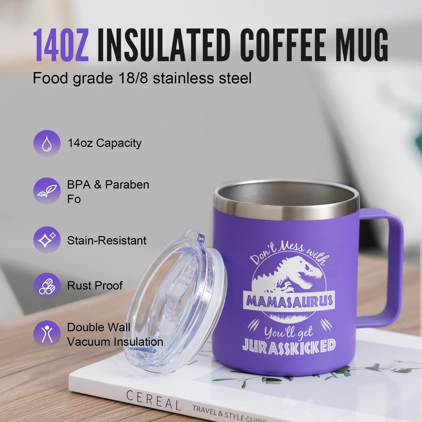 NOWWISH Funny Christmas Gifts for Mom, Mamasaurus Mug 14oz with Lid, Keeps Coffee/Wine Hot Cold, Unique Stocking Stuffer for Wife from Husband/Kids