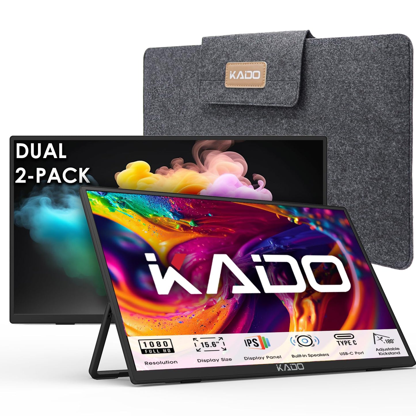 Kado Portable Monitor 15.6-Inch FHD 1080p, USB-C mini-HDMI Gaming Monitor IPS Display Built-in Speakers, External Display 180° Kickstand Wall/Arm Mount for Laptop PC Phone Mac Xbox PS4/PS5 Switch