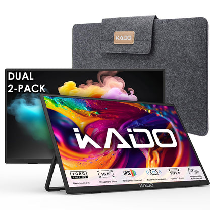 Kado Portable Monitor 15.6-Inch FHD 1080p, USB-C mini-HDMI Gaming Monitor IPS Display Built-in Speakers, External Display 180° Kickstand Wall/Arm Mount for Laptop PC Phone Mac Xbox PS4/PS5 Switch
