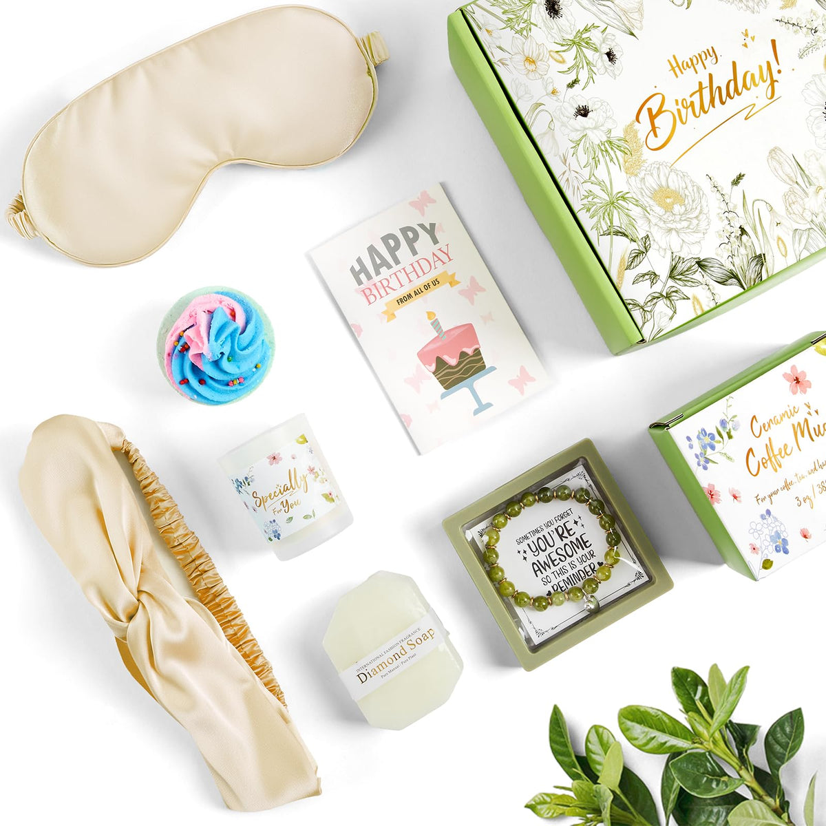 Mug Gift Birthday Gifts Set for Women, Spa Baskets Gift Box Unique Happy Birthday Gifts Ideas for Women Mom Her Friend Sister Wife Daughter Girlfriend Coworker, Ceramic Mug 12 OZ (Off-white)