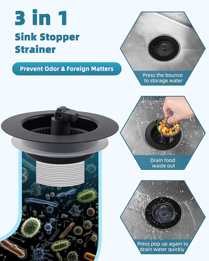 Universal 3 in 1 Kitchen Sink Drain Strainer Stopper Combo, Anti-Clog and Easy