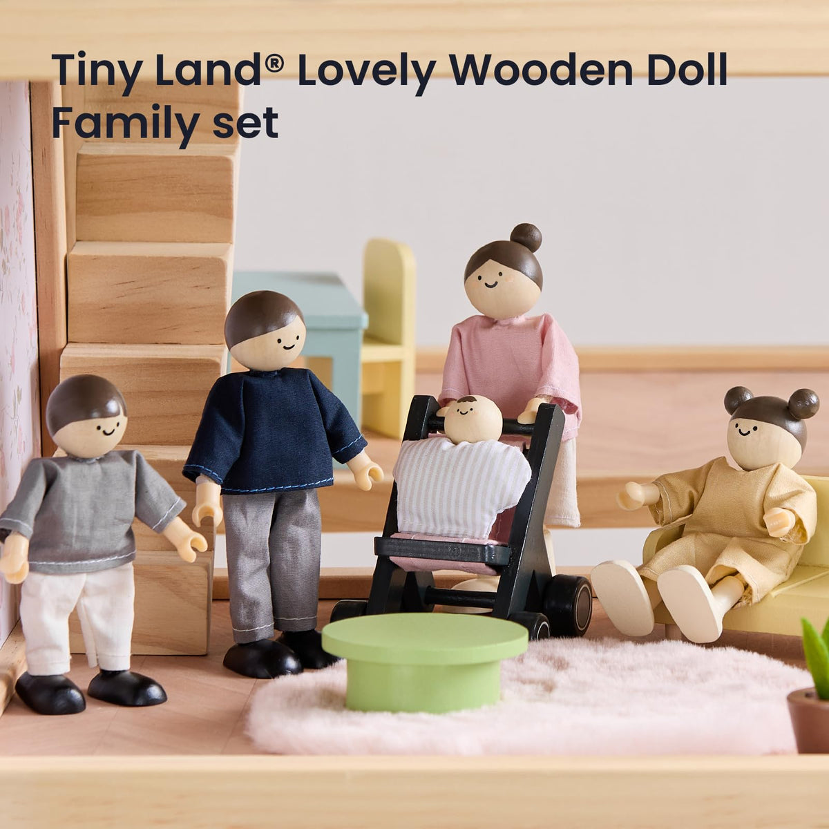 Tiny Land Modern Wooden Dollhouse & 5-Piece Poseable Wooden Doll Family People Set
