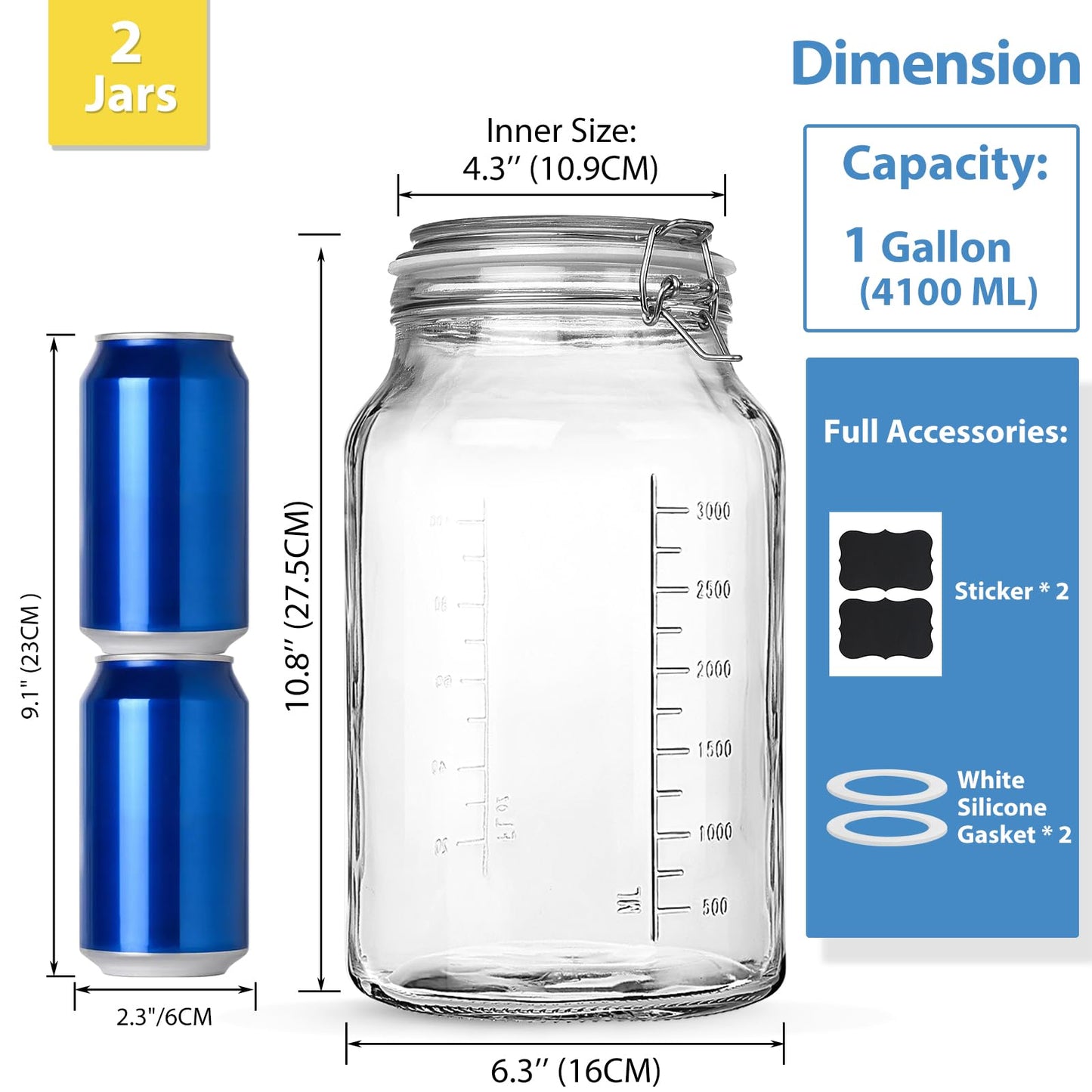 1 Gallon Super Wide Mouth Glass Storage Jars with Airtight Lids and 2 Measurement Marks, Leak Proof Glass Container with Hinged Lids, Large Pickle Jars with Labels and Silicone Gasket, 2 Pack