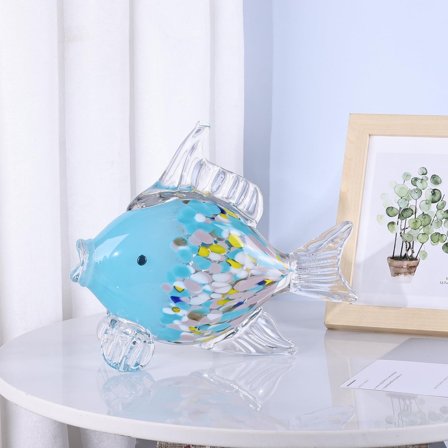 LINYTHER Large Glass Fish Figurine for Home Decor, Hand Blown Art Glass Ocean Animal Statue, Decorative Coastal and Beach Themed Sculpture for Table, Shelf, Bathroom, Living Room or Office