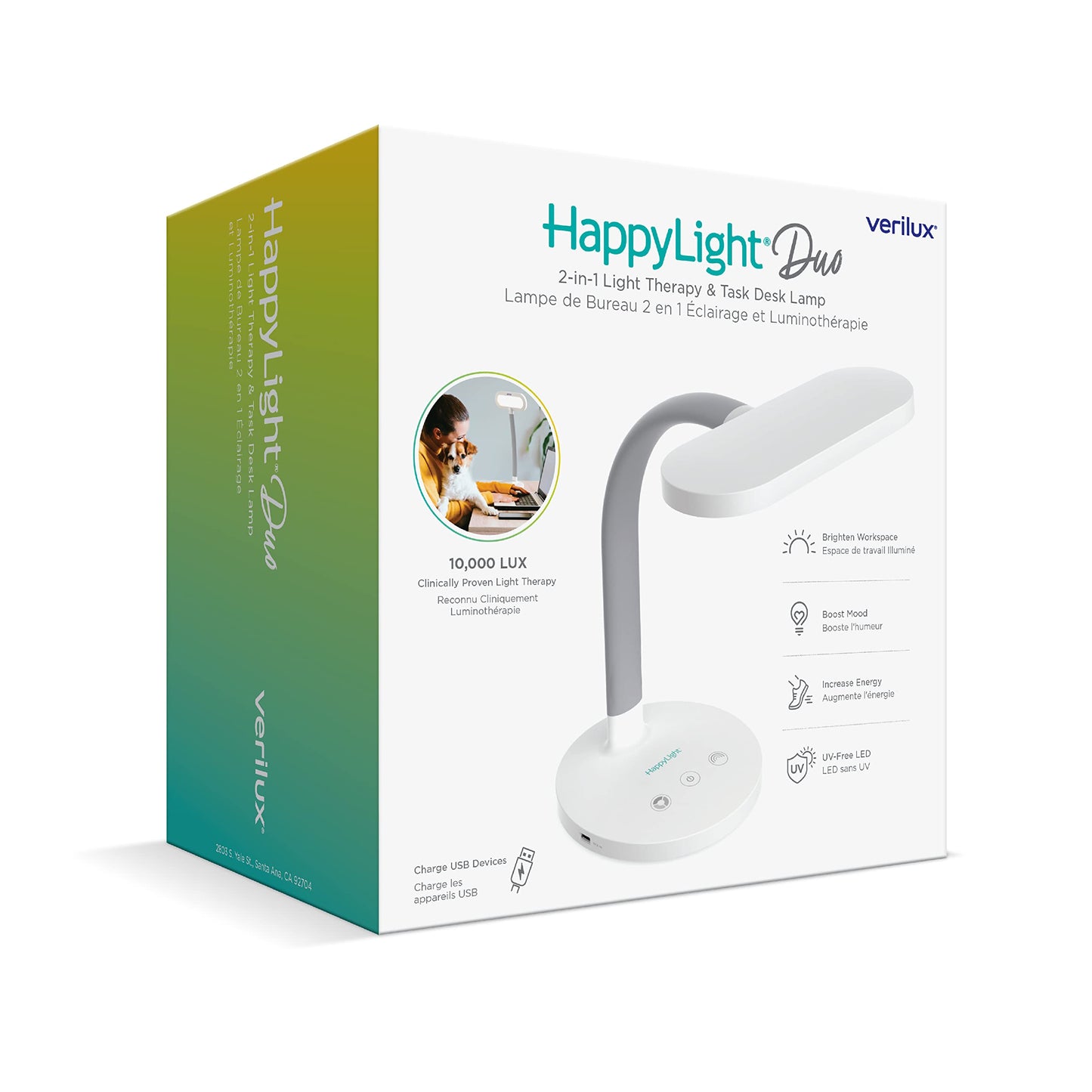 Verilux HappyLight Duo - 2-in-1 Light Therapy & Task Desk Lamp - UV-Free Full Spectrum LED, 10,000 LUX, Adjustable Brightness and Color, Flexible Gooseneck, and Integrated USB Charging Port