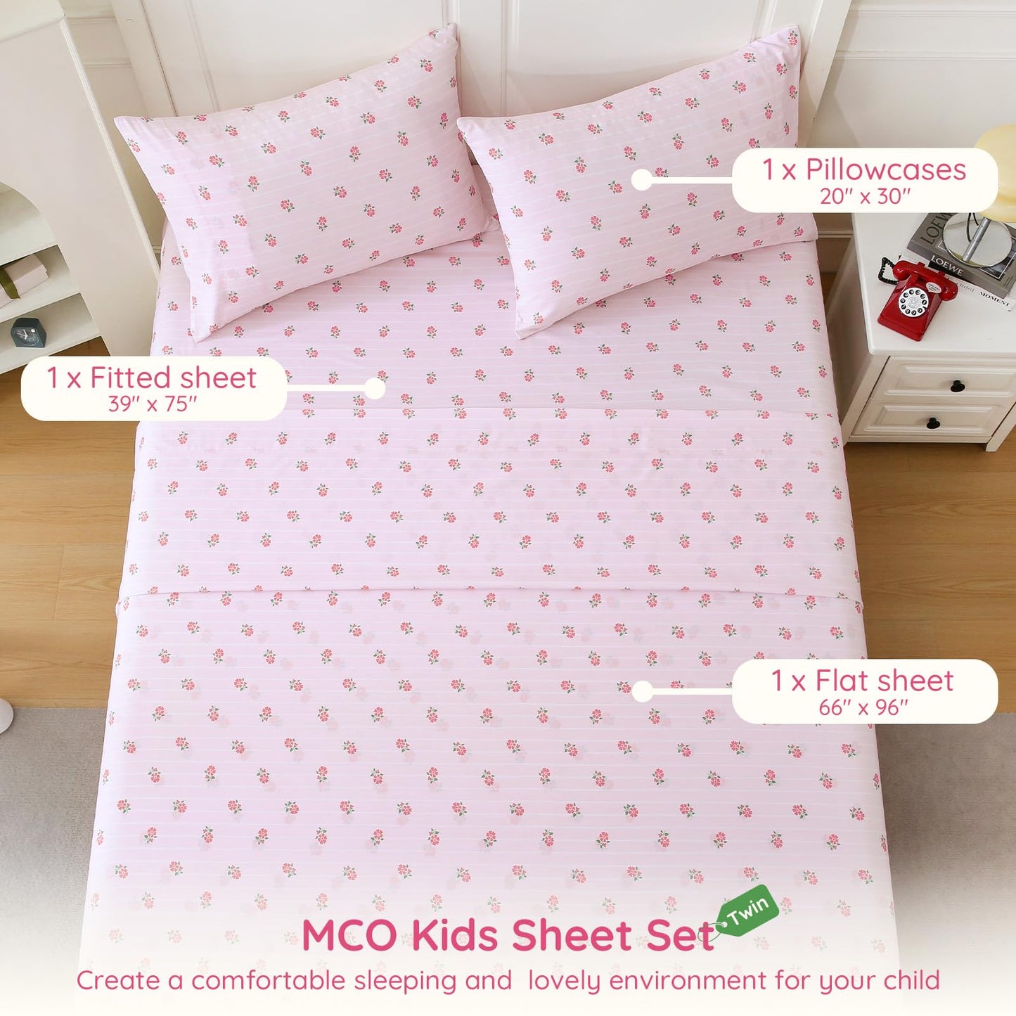 MCO Kids 3 Pieces Striped Twin Sheet Set for Girls, Breathable Bed Sheets with 16" Deep Pocket, Soft Brushed Microfiber Bedding Set (Twin, Pink Flower)