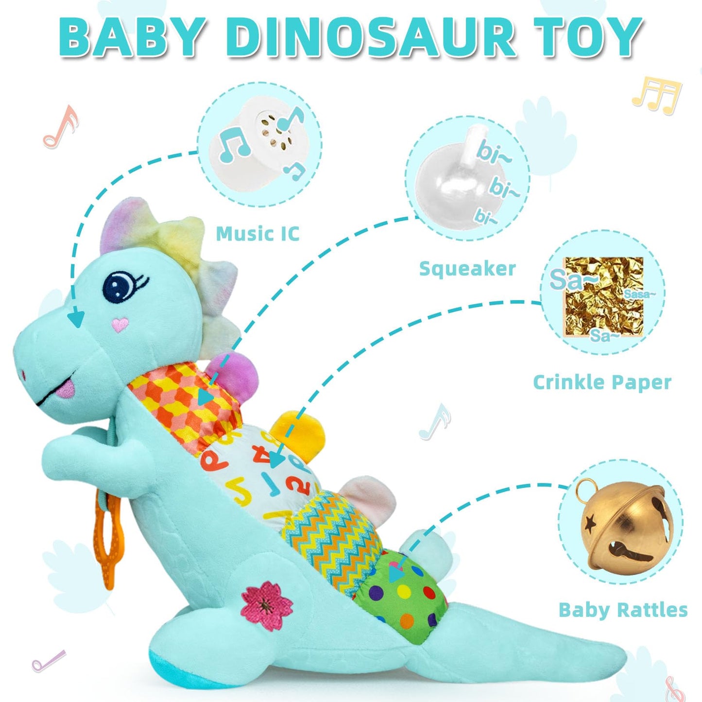 Baby Dino Musical Stuffed Animal Toys for 0-3-6-9-12 Months，Infant Dinosaur Tummy Time Toys with Crinkle Sound Paper,Teether，Textures & Rattles for Newborn Boys Girls Birthday Gifts，Blue