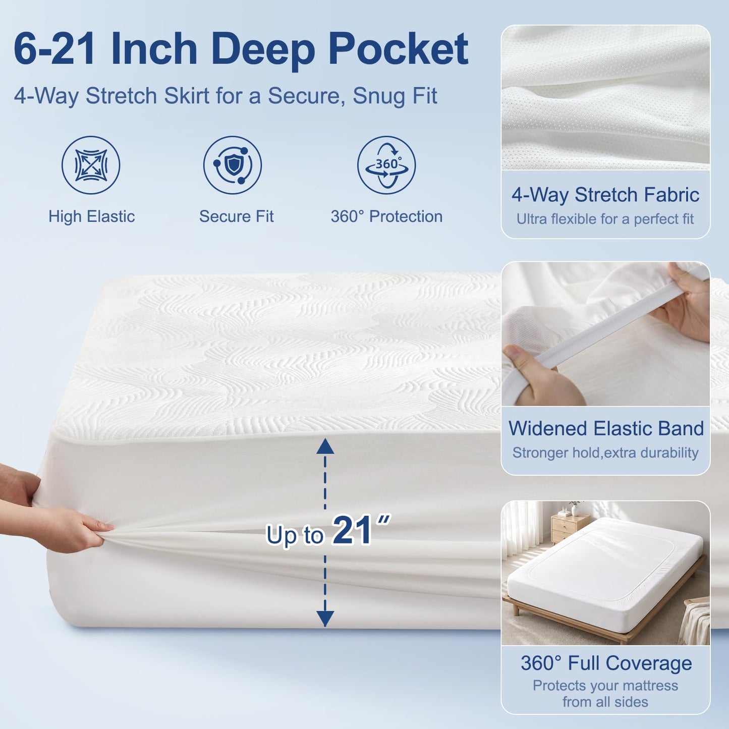Hisheet Cooling Waterproof Mattress Protector Queen Size, 400GSM 3D Air Fabric Breathable Mattress Cover, Premium Bed Protector with Deep Pockets, Luxury Noiseless Machine Washable Bed Cover, White