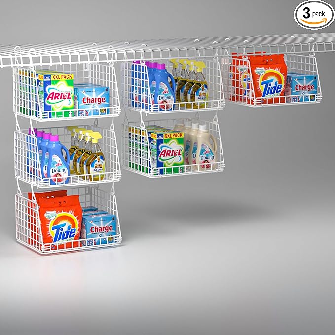 3-Pack Laundry Room Organization and Storage, Hanging Wire Basket