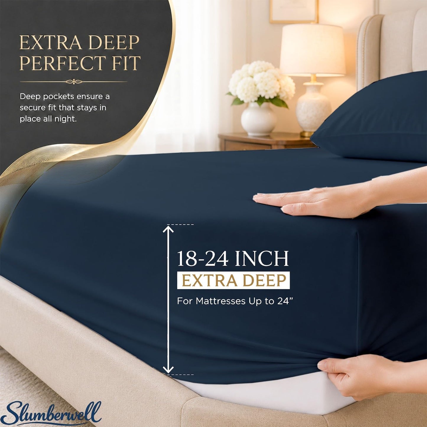 SlumberWell King Sheet Set, 4 Piece Microfiber Sheets, Extra Deep Pocket (18–24 Inch), Fits Thick Mattress, Soft Breathable & Wrinkle-Resistant, Navy Blue