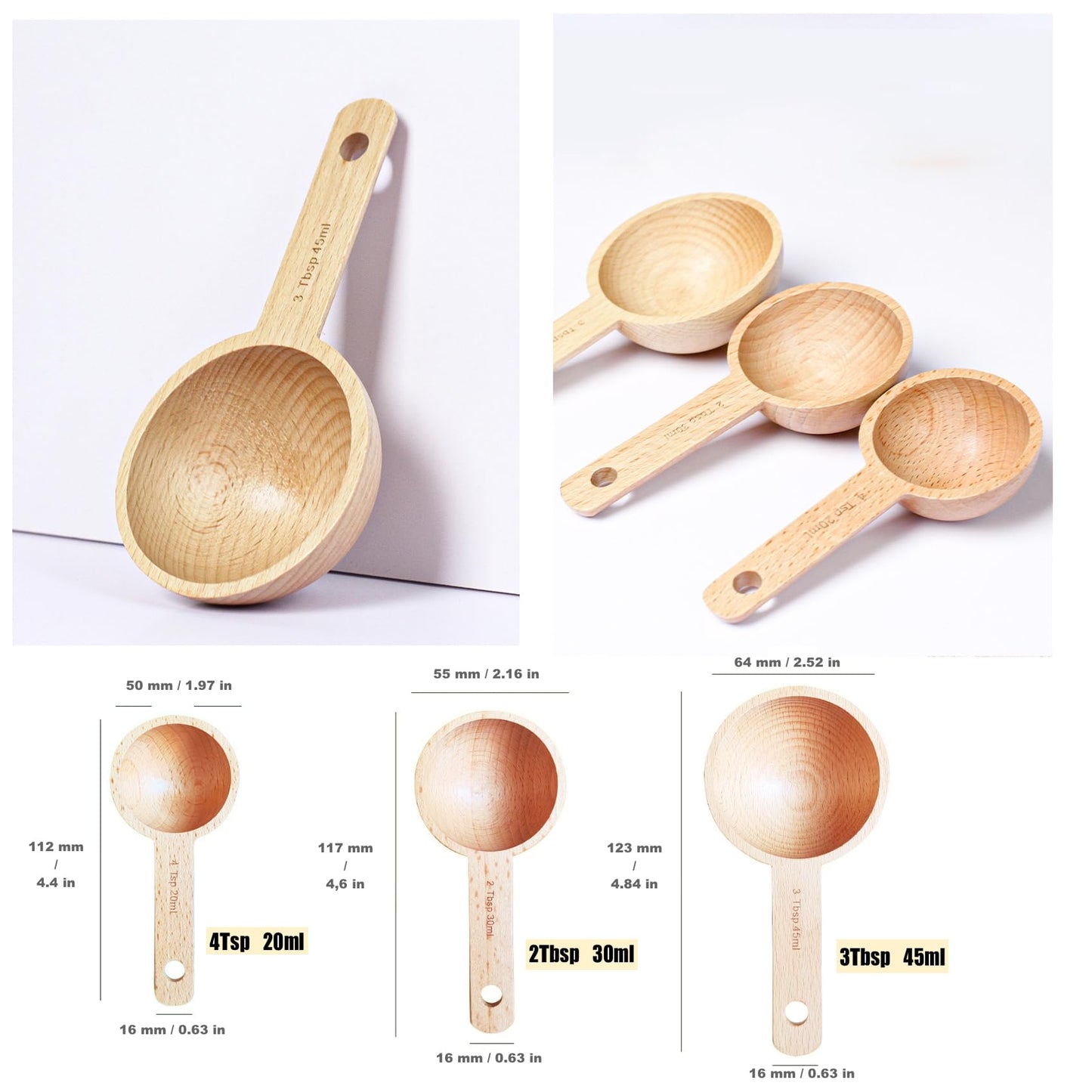 GCFTIFF 7pcs Measuring Cups and Measuring Spoons Set,with Tablespoon Teaspoon,Measuring Spoons for Dry Ingredients, Natural Wood Rustic Kitchen Accessories, Ideal for Bakers, Chefs & Home Cooks