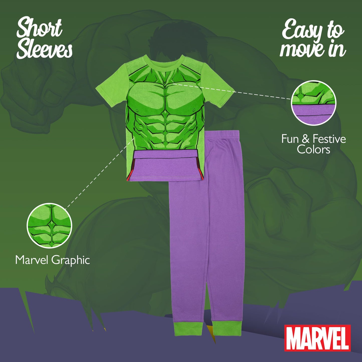 Marvel 2-Piece Snug-fit Cotton Pajama Set, Soft & Cute for Kids, Hulk Smash