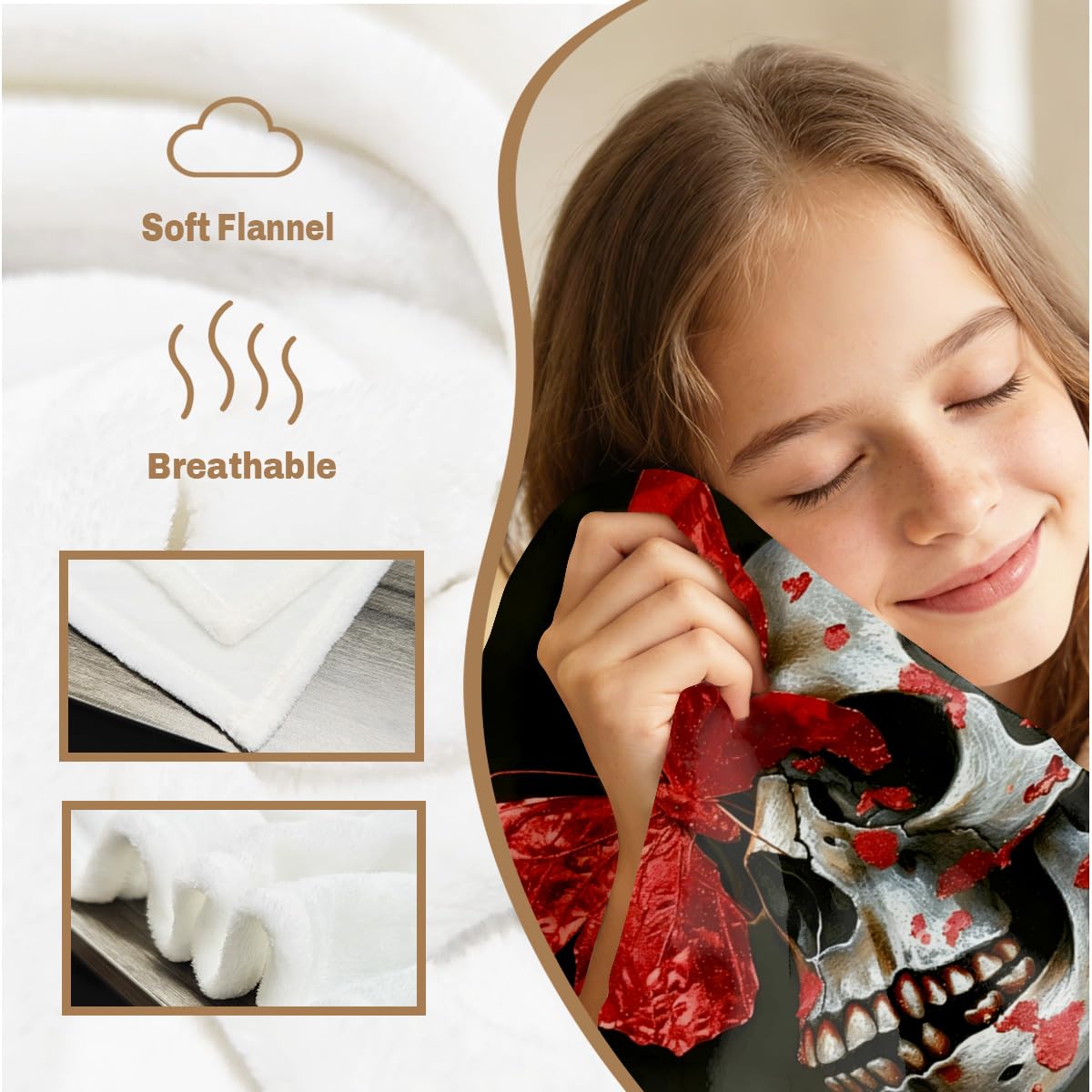 HUNXIAOJ Skull Butterfly Blanket Gifts Red Gothic Decor Butterfly Skeleton Throw Blanket Soft Flannel Skull Bedding for Couch Bed Living Room Home Halloween Decor 49"x59"
