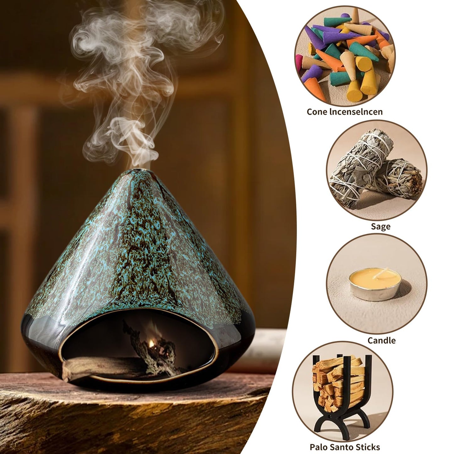 Handcrafted Ceramic Palo Santo Holder –Artistic Incense Burner for Meditation, Mindfulness & Zen Home Decor – Wabi-Sabi Style Cone Sculpture, Relaxation & Aromatherapy-Gift for Yoga (Viridis)