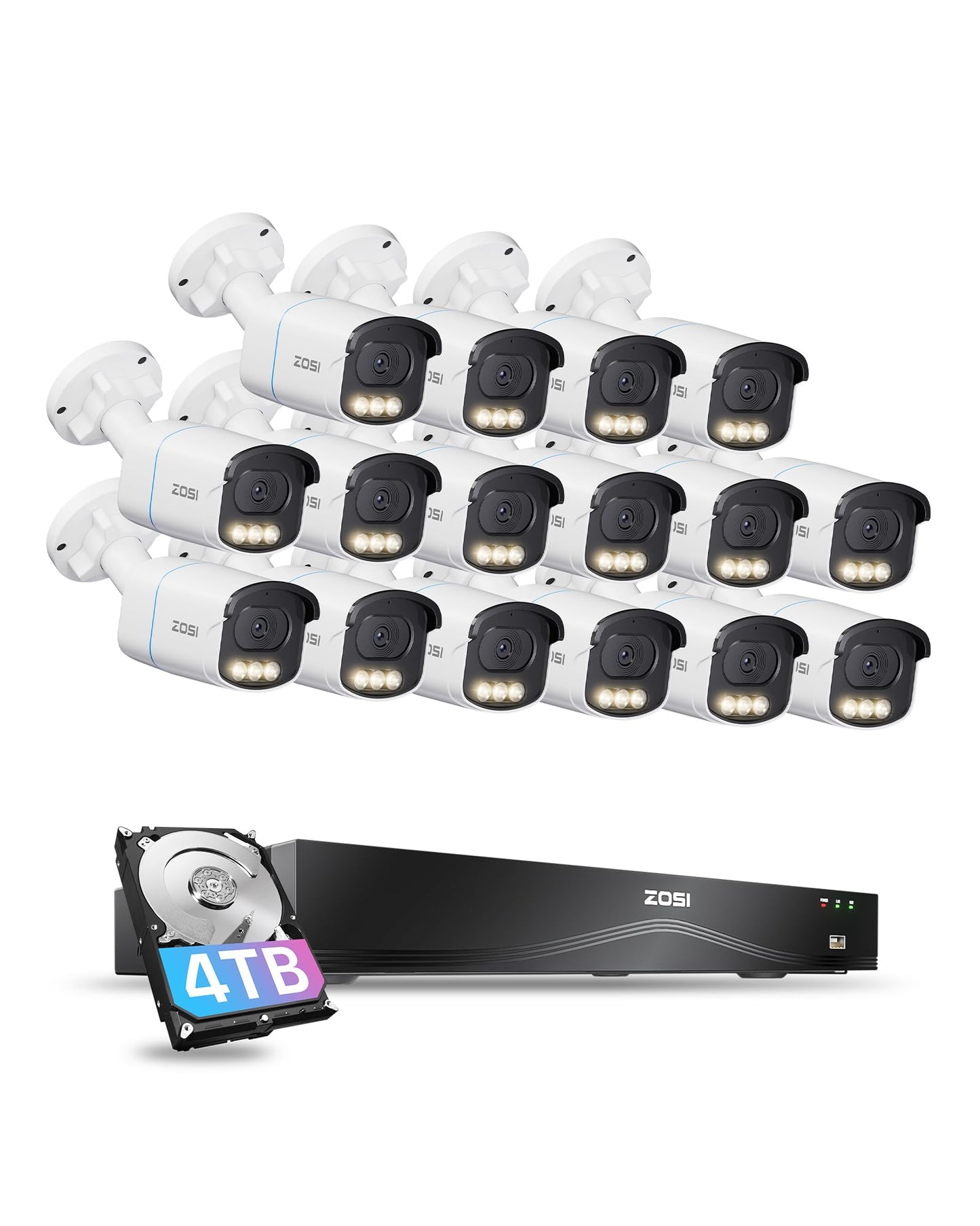 ZOSI 4K 8MP 16CH PoE Security Camera System, 16 x 3K 5MP C186 Aurora Lux True Full Color Night Vision Outdoor Indoor PoE Wired Camera, Person/Vehicle Alerts, Light & Siren, Two-Way Talk, with 4TB HDD