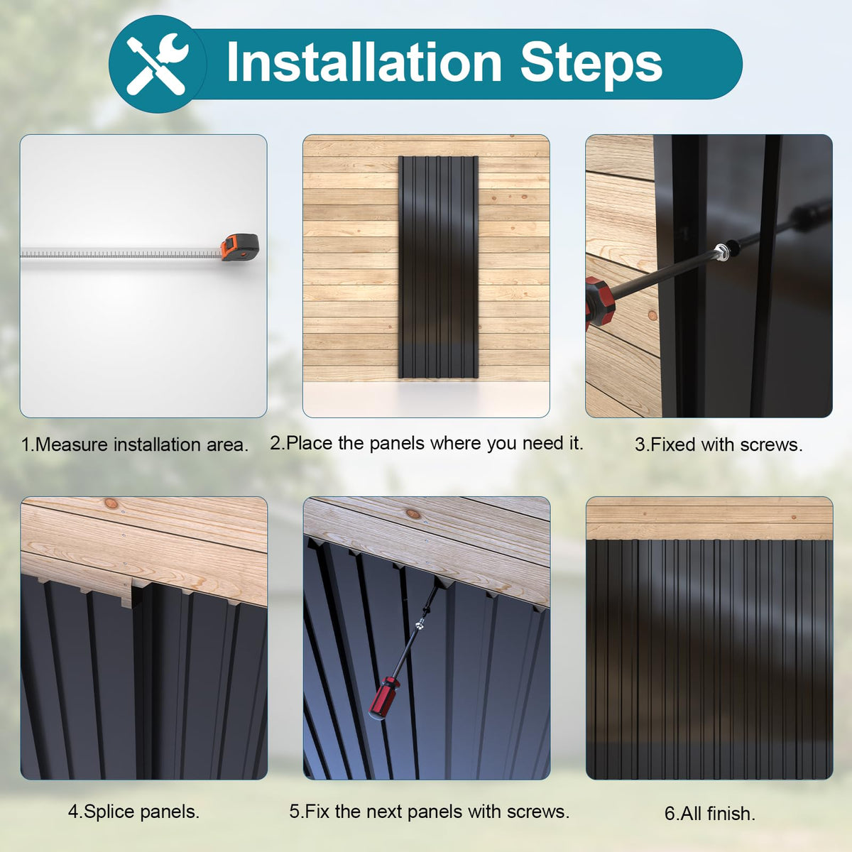 NeatiEase 10 Pcs Metal Roofing Panels, 6.1 Feet Corrugated Galvanized Roofing Panels Metal Siding Panels with Steel Screws for Pergola, Gazebo, Shed, Outdoor Storage, Chicken Coop,Garages (Black)