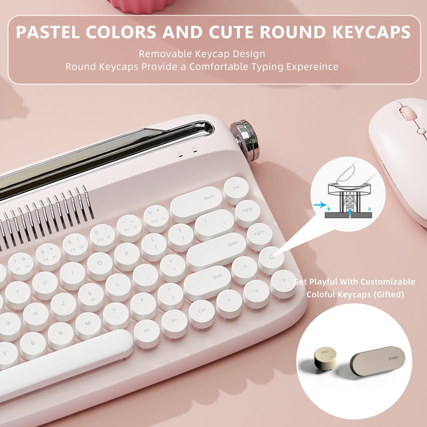 YUNZII Upgraded Wireless Typewriter Keyboard,with Retro Integrated Stand,USB-C/Bluetooth,Cute Round Keycaps, USB-C/Bluetooth Connection for Table, Phone, PC and Win/Mac/Android (B309, Baby Pink)