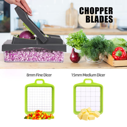 RüK 10-in-1 Vegetable Chopper – 6 Blade Veggie Chopper with Container, Food Dicer, Onion Cutter, Cheese Grater, Mandoline Slicer, Kitchen Gadgets & Home Essentials (Gray)