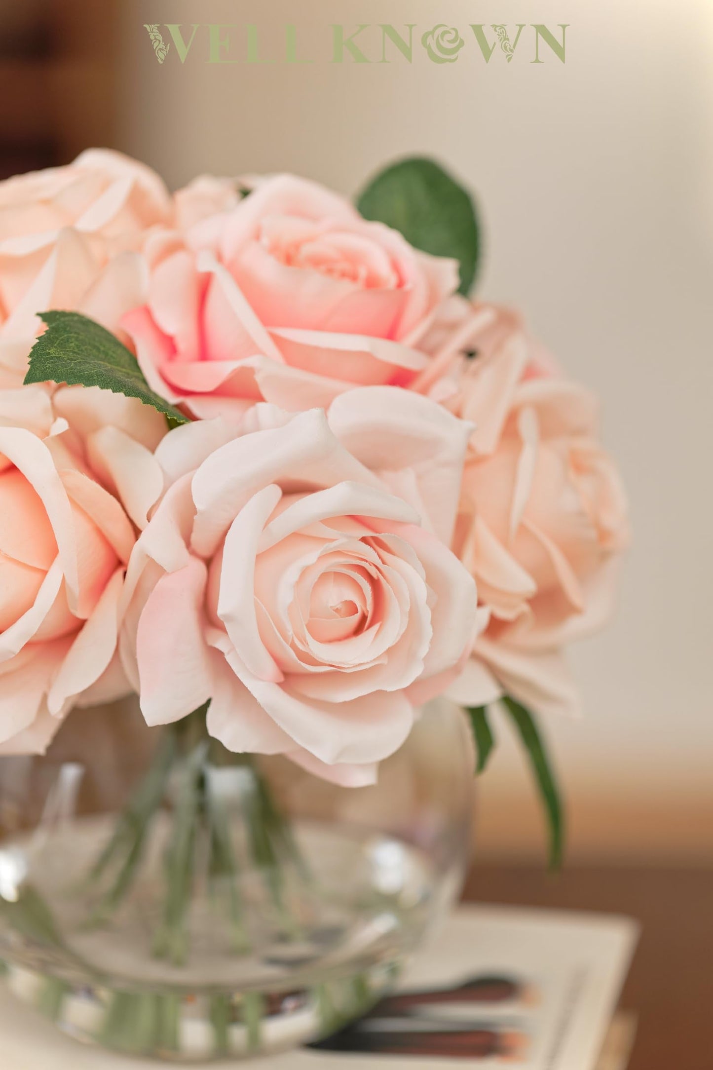 WELL KNOWN Artificial Flowers with Vase, Silk Rose Artificial Flowers Table Centerpieces with Faux Water for Home Decoration Fake Roses Flower Arrangements for Table Decor (Pink)