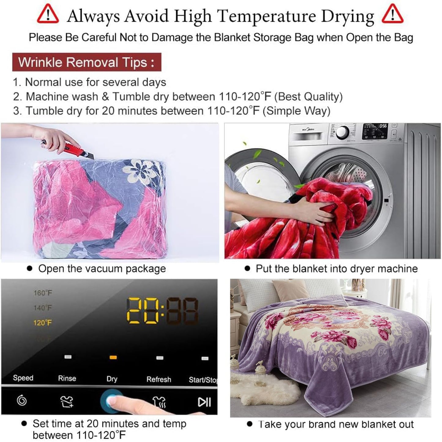 JYK Queen Size Korean Mink Blanket, 5 LB Fleece Bed Blanket - 2 Ply Reversible 520GSM Silky Soft Plush Warm Blanket for Autumn Winter, A&B Pattern Printed, (Queen 75"x87", Light Purple Peony/Peony)