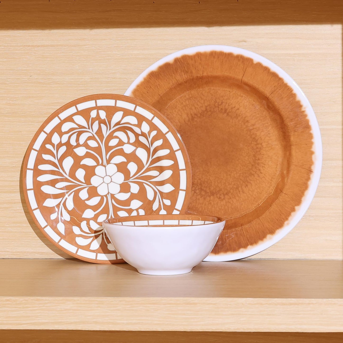 Yinshine Melamine Plates and Bowls Set, 12-Piece Melamine Dinnerware Set, Dinner Serving Dishes Set for 4, Unbreakable, Brown-Yellow