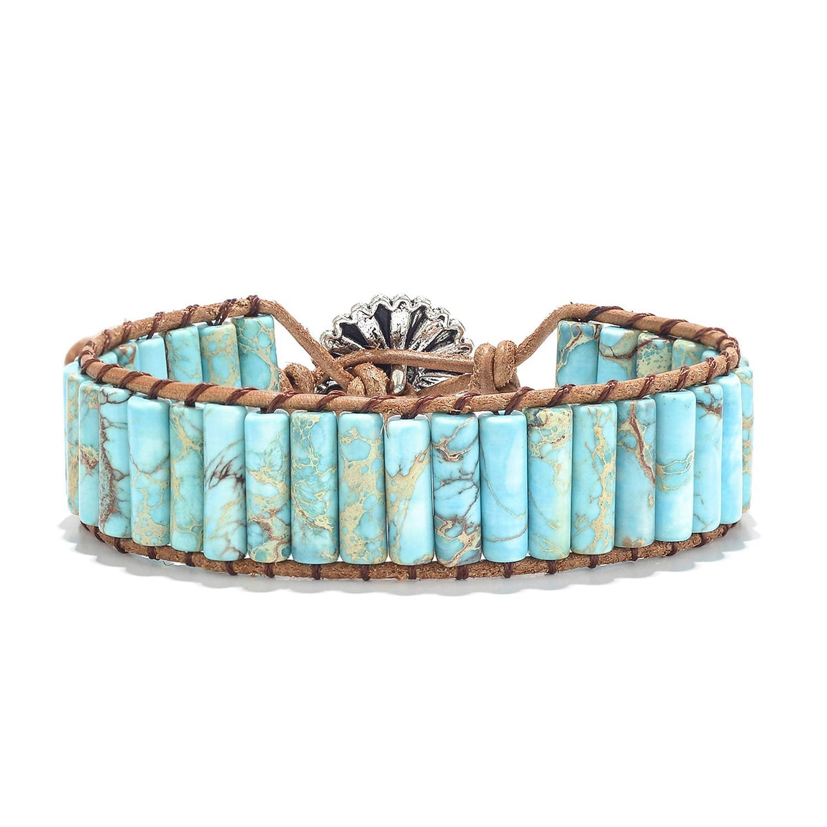 sedmart 7 Chakra Bracelets for Women with Real Stones Leather Wrap Healing Bead Bracelet Women Men Boho Friendship Jewelry… (Flower Button & Turquoise)