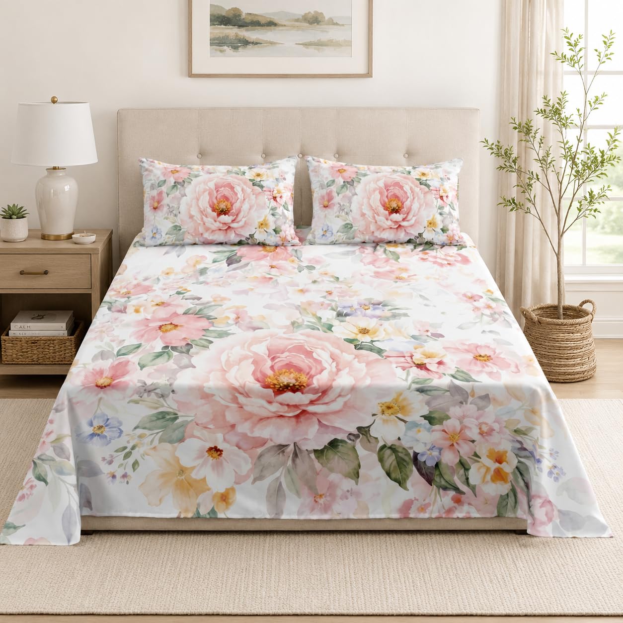 YIYEA Queen Sheet Set, Luxury 1800TC Hotel Quality Double Brushed Microfiber Floral Bed Sheets for Queen Size Bed, Ultra Soft, Deep Pocket, Shrinkage and Fade Resistant, 4PC, Queen
