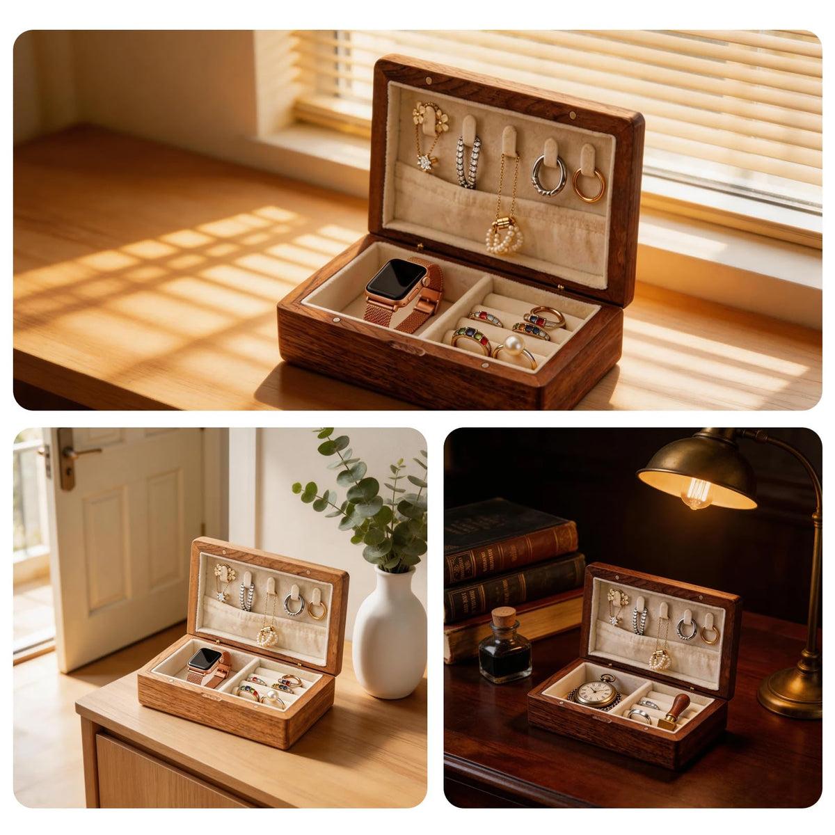 Cxomnndiw Small Wooden Jewelry Box | Versatile Mens Jewelry Box with Earring & Ring Organizer for Travel & Vanity Display