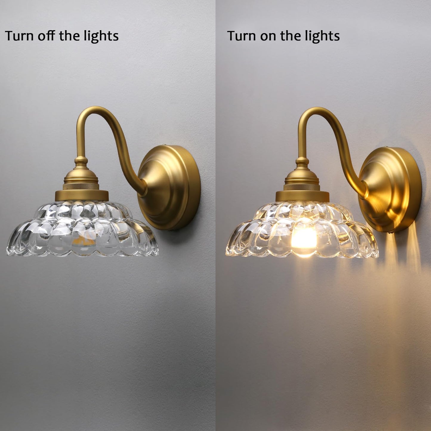 PERMO Vintage Gold Wall Sconce with Clrar Lotus Glass Shade Hardwired Bathroom Vanity Light for Mirror, Bedroom & Hallway
