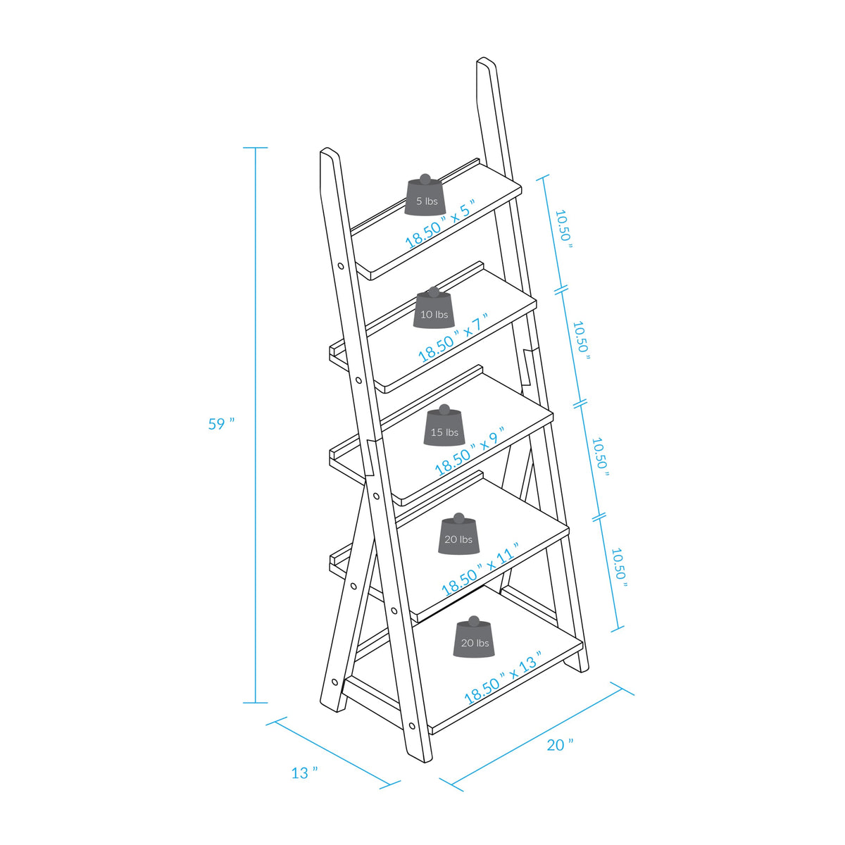 Amber Solid Wood 5-Shelf Freestanding A-Frame Ladder Bookcase, Warm Brown