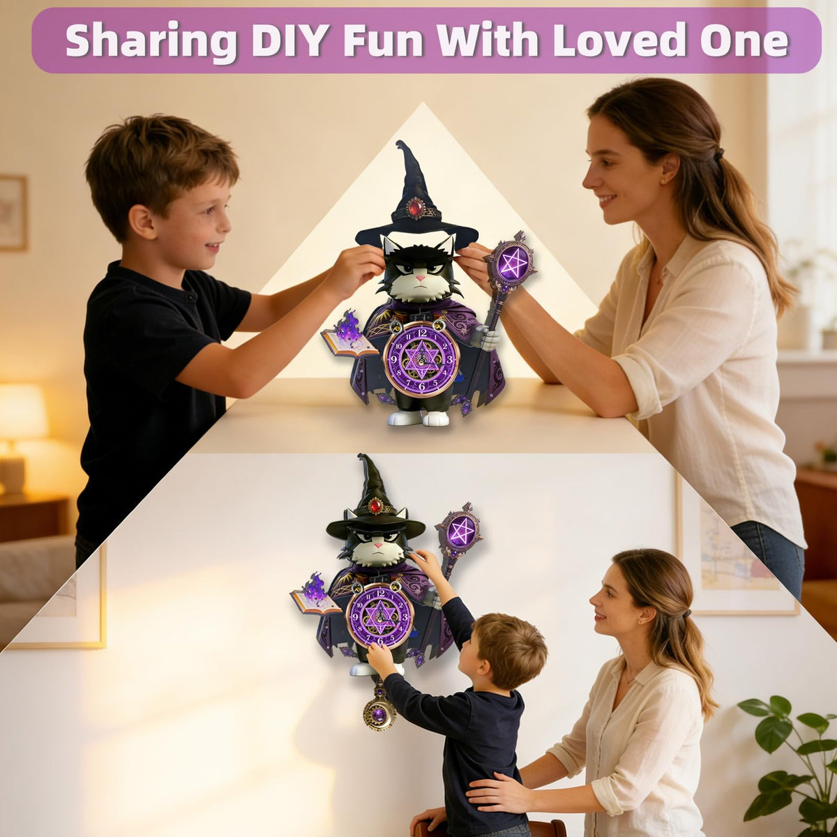 3D Wooden Puzzle Clock for Adults and Kids,Magic Cat Legend Wizard Cat 3D Stackable Design, 3D Puzzles for Adults Kids Room Home Decor, Unique Gift for DIY Enthusiasts & Fantasy Lovers