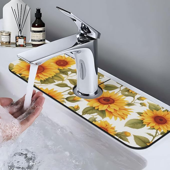 Kitchen Faucet Mat 15 x 5.5 Inch Sunflowers Faucet Draining Mat Absorbent