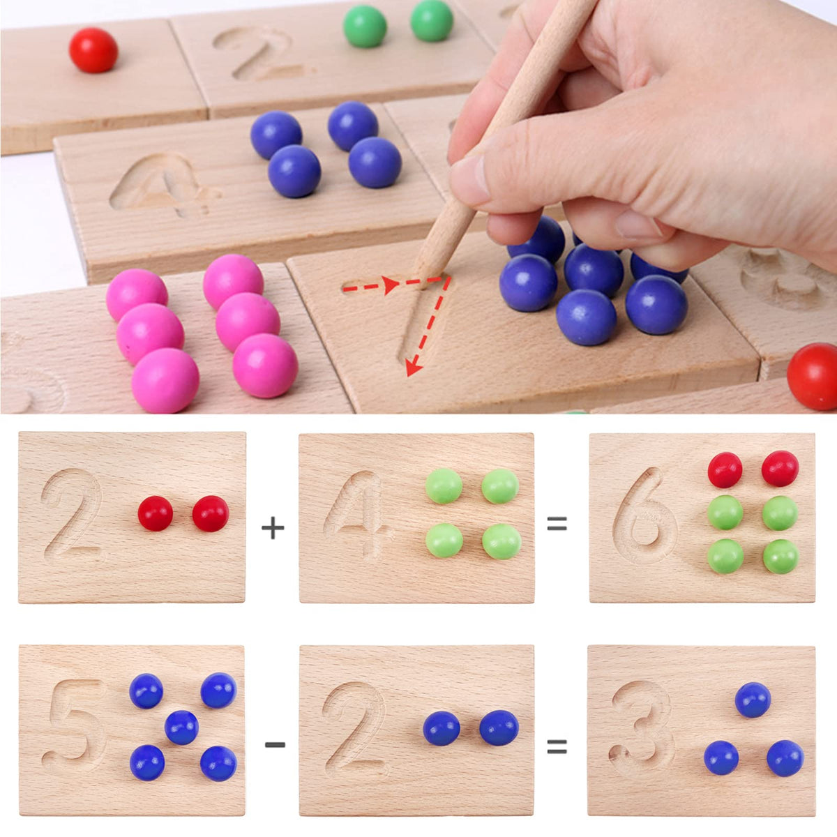 BBtinker Wooden Number Tracing Board Set, Toddler Montessori Math Beads Counting Toy, Preschool Learning and Educational Math Game for Kids