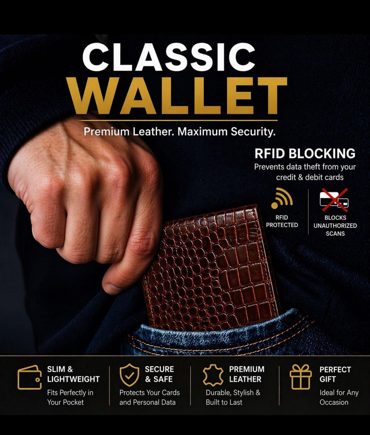 Beaaric Men’s Leather Wallet RFID Blocking Slim Bifold Wallet for Men with 9 Card Slots, 1 ID Window, 2 Hidden Pockets, Zip Coin Pocket & 2 Cash Compartments Stylish Brown Crocodile Pattern