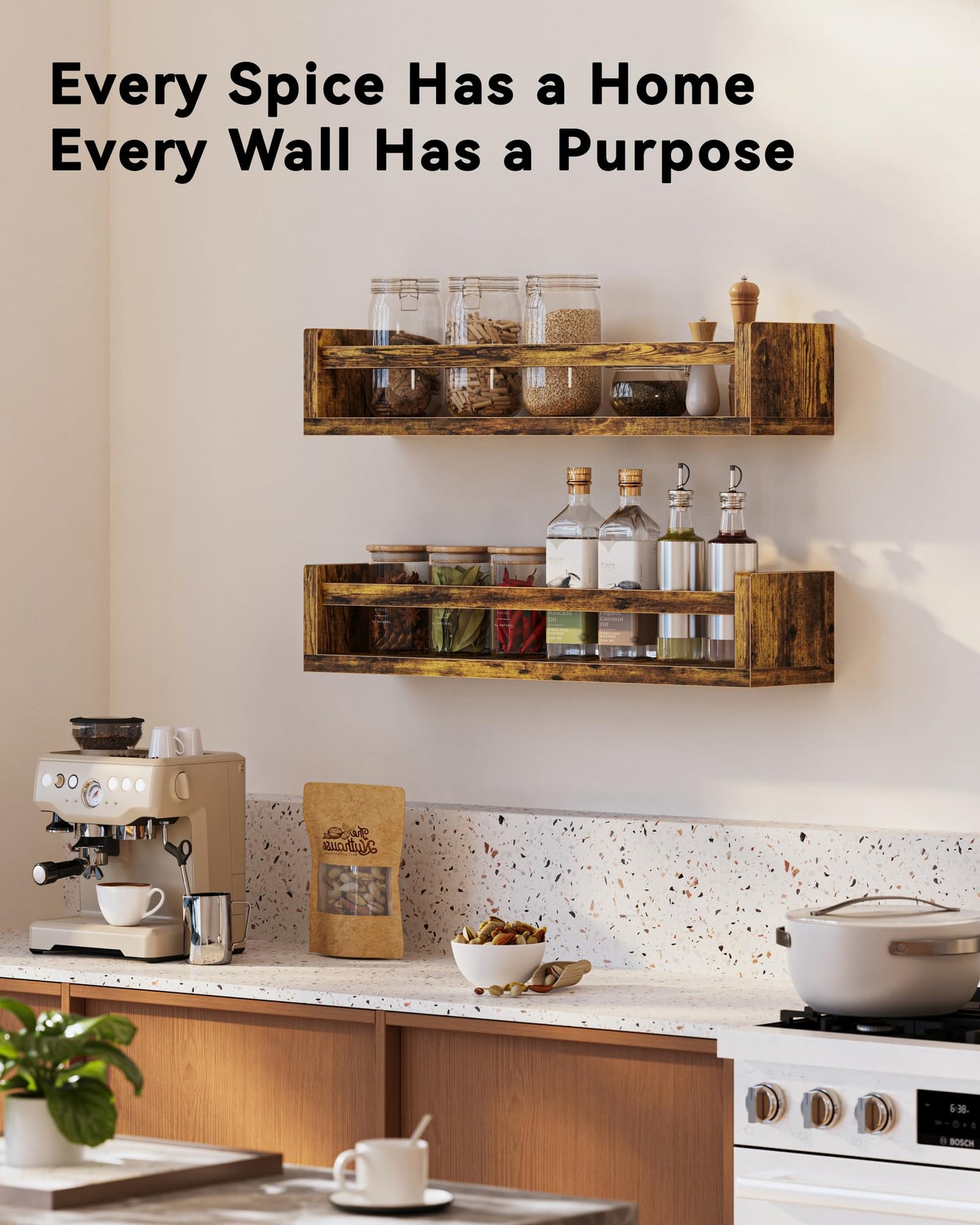 Bavonira Spice Rack Wall Mount - 4-Pack Wooden Hanging Spice Rack for Wall - Rustic Wood Spice Wall Rack for Kitchen Seasoning Organization (4, Rustic Brown, 15.7 Inches)