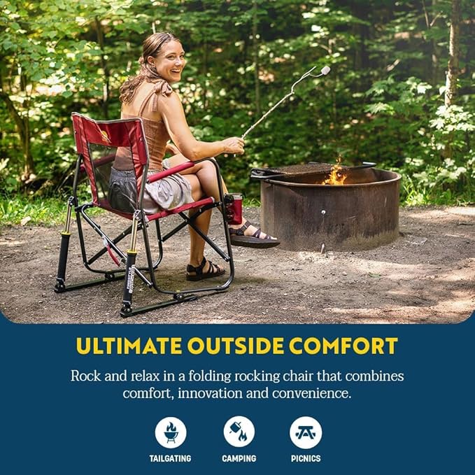 GCI Outdoor Freestyle Rocker Camping Chair | Portable Folding Rocking Chair with Solid, Durable Armrests, Drink Holder & Comfortable Backrest — Indigo Blue