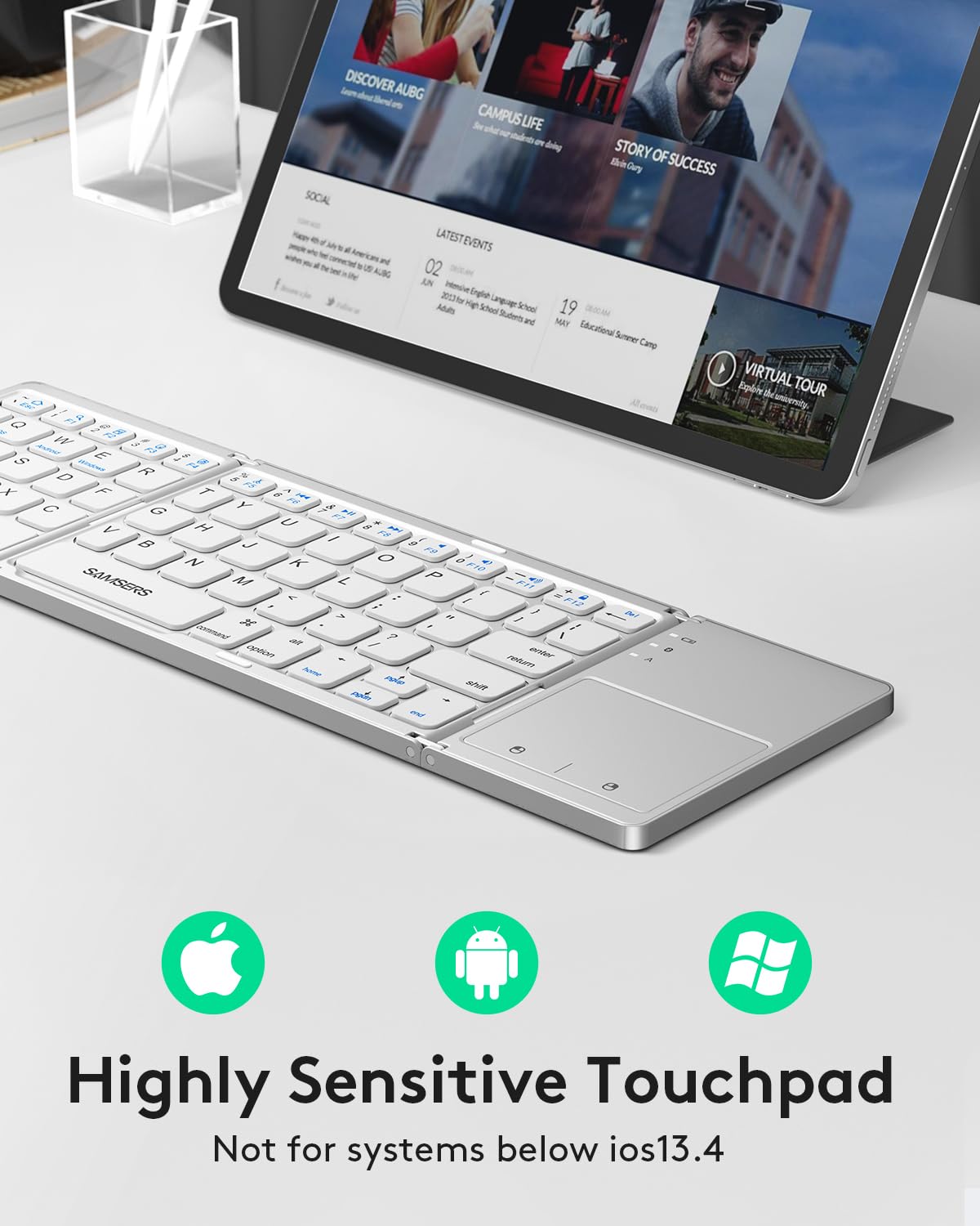 Samsers Foldable Bluetooth Keyboard with Touchpad - Portable Wireless Keyboard with Holder, Rechargeable Full Size Ultra Slim Pocket Folding Keyboards for Android Windows iOS Tablet & Laptop - Black