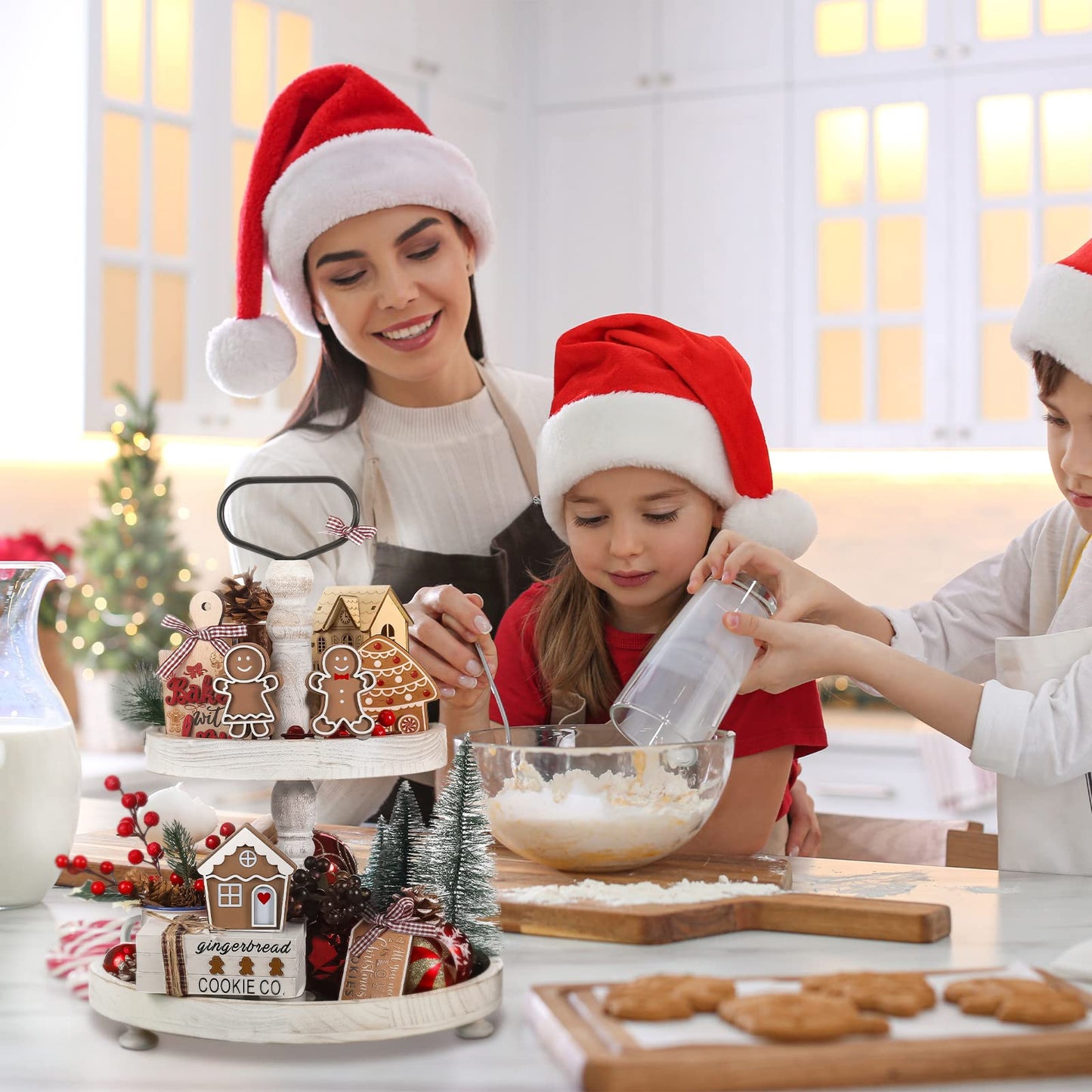Jetec 6 Pcs Christmas Gingerbread Table Decor Wooden Xmas Gingerbread House Signs Farmhouse Tiered Tray Decor Rustic Mini Book Wood Block Centerpiece Decorations for Home Office Desk Shelf Party Gift