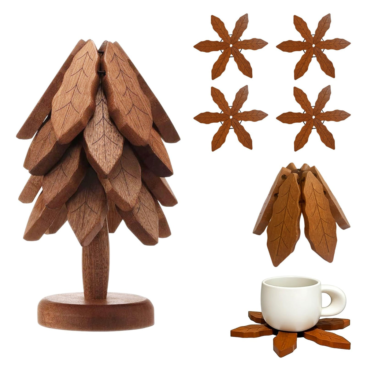 Wooden Heat Insulation Pad— 4-Piece Tree-Shaped Pot Holder Set Suitable for Pots, Plates, and Cups Features Pine Tree Decor for Storage Eco-Friendly and Easy-to-Clean Kitchen Accessories