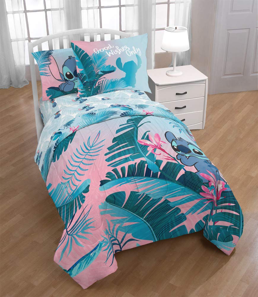 Jay Franco Disney Lilo & Stitch Floral Fun 5 Piece Twin Bed Set - Includes Reversible Comforter & Sheet Set Bedding - Super Soft Fade Resistant Microfiber