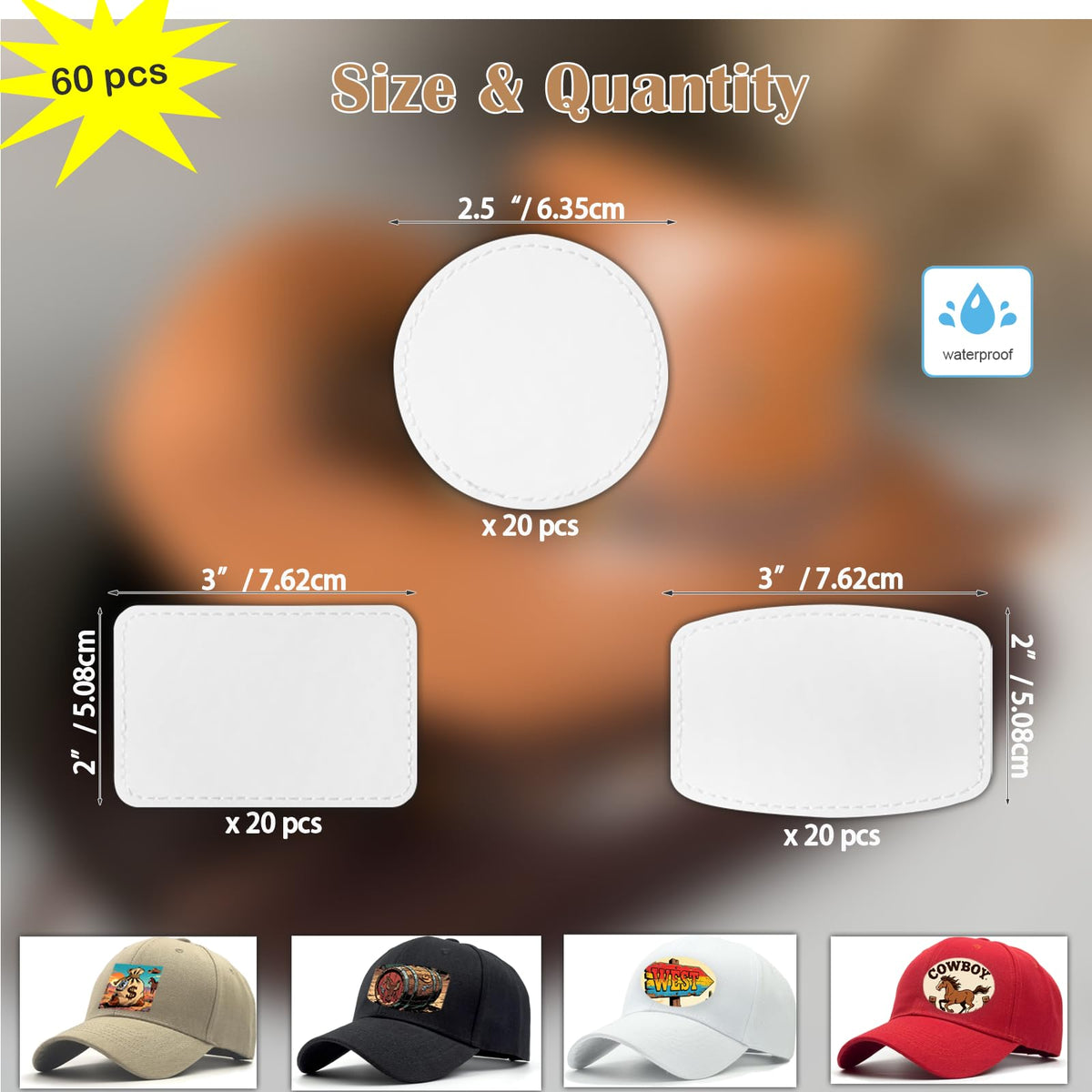 iFForce Full Sublimation Blank Leatherette Patches Without Border - 60 Pcs Waterproof Smooth Glossy PU Iron on Hat Patches - Rectangle Rounded Rectangle Round Patches for DIY Hat & Clothes Business