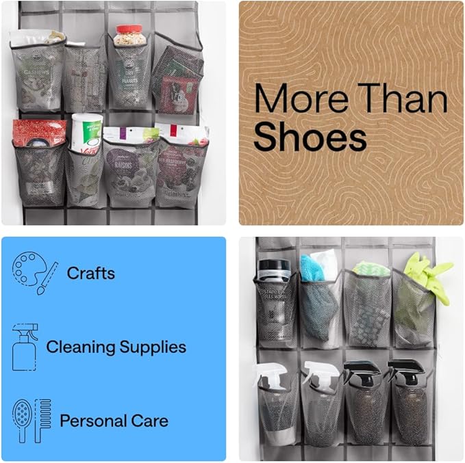 GORILLA GRIP Over the Door Shoe Organizer, 2 Pack, 24 Breathable Mesh Pockets