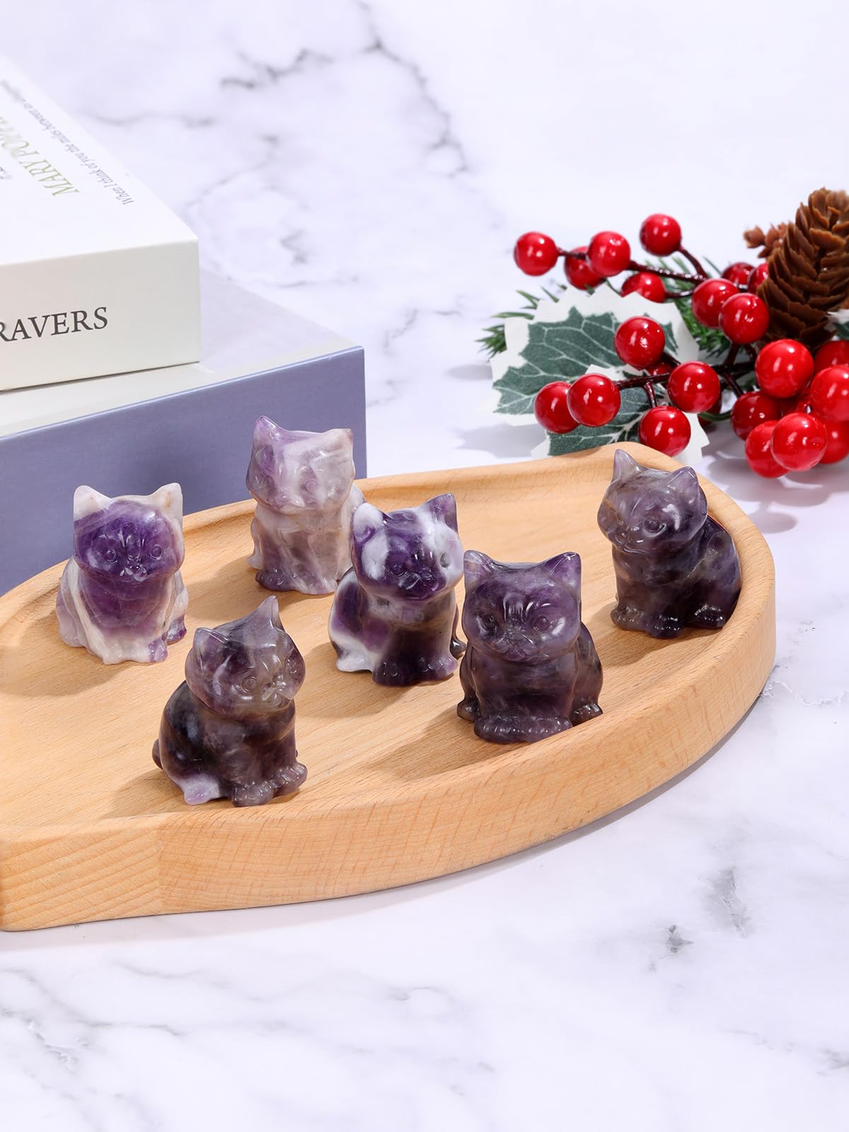 CrystalTears Amethyst Crystal Cat Figurine Carved Healing Crystal Gemstone Cat Lucky Cute Stone Cat Statue Ornament for Home Office Desk Meditation Decor Mini Cat Gifts for Cat Lover Christmas