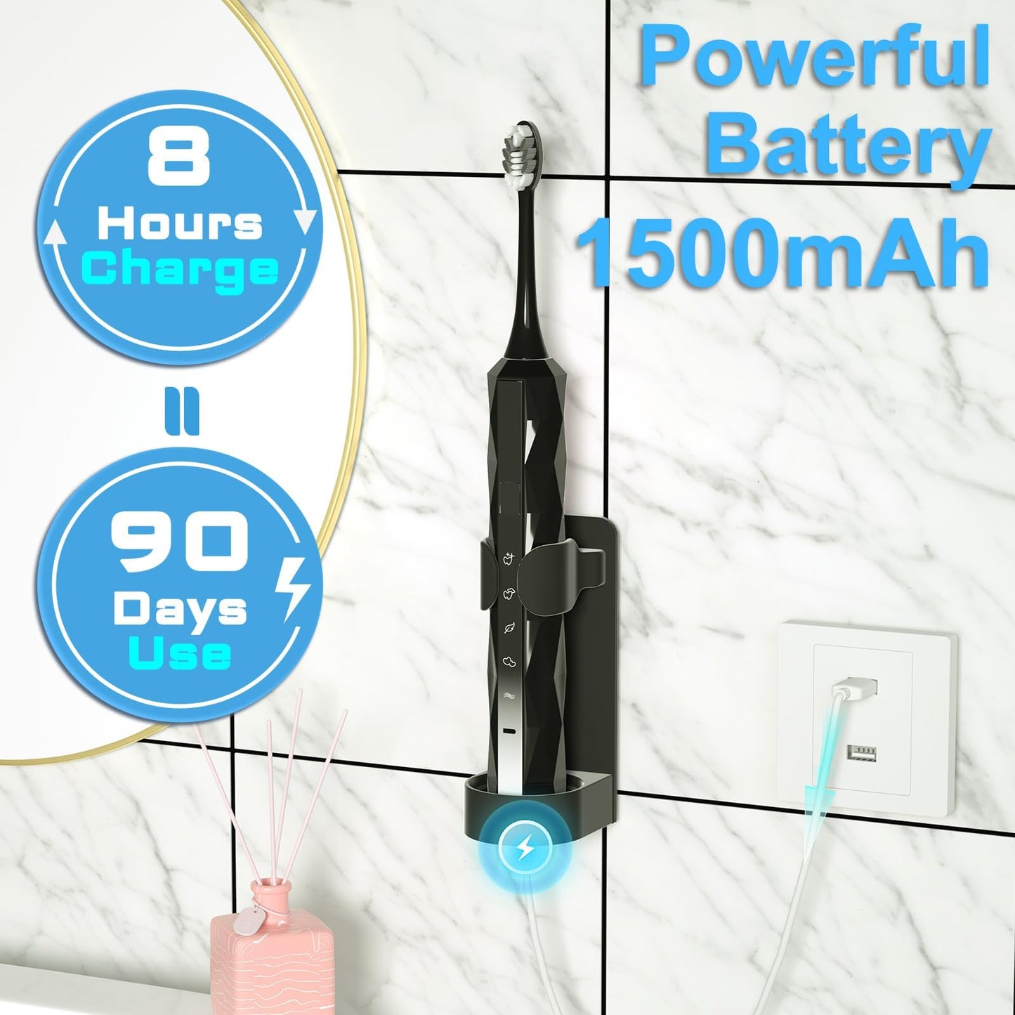Sonic Electric Toothbrush for Adults and Kids, Comes with 10 Brush Heads & Travel Case, 5 Modes with 2 Minutes Built in Smart Timer, One Charge for 90 Days, 42,000 VPM Motor (Black)
