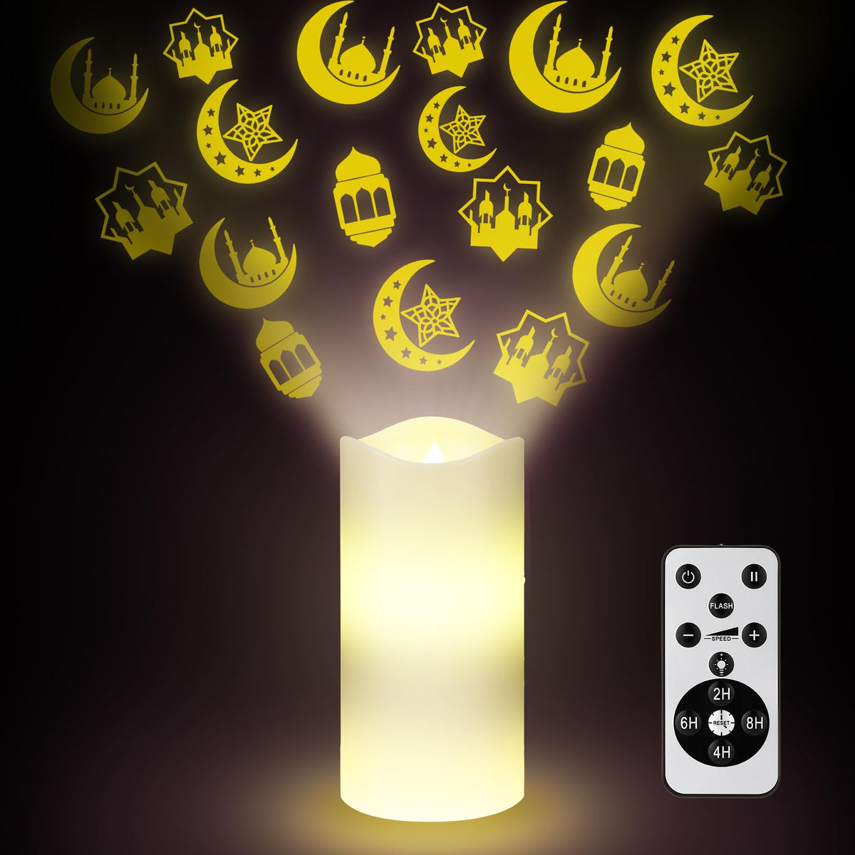 Baquler Ramadan Flameless Candles Projector Light Eid Mubarak LED Candle Battery Operated Star Moon Night Light with Remote and Timer Eid Mubarak Electric Gifts Ramadan Decoration for Home Room Decor
